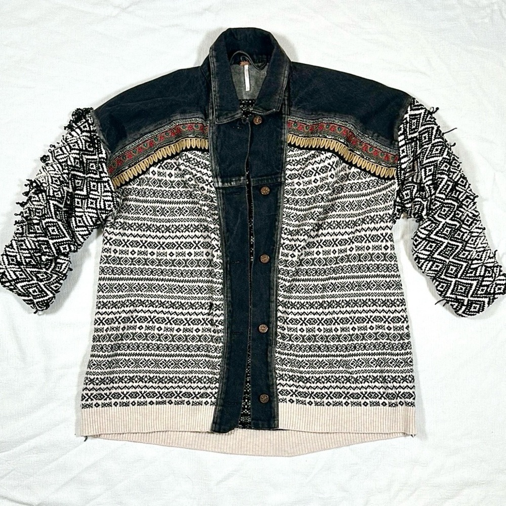 free people love test denim knit jacket embroidered floral small black boho